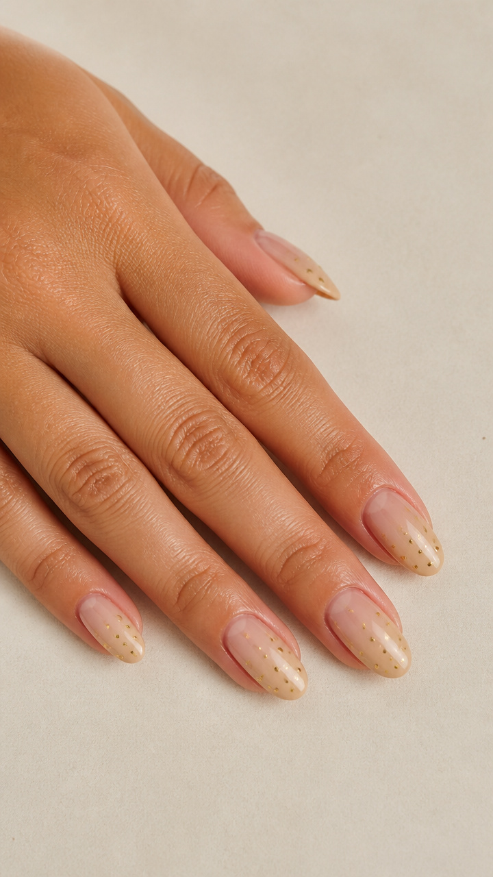 Warm Beige Ombré Nails with Scattered Gold Dot Accents