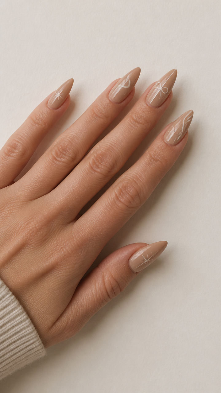 Warm Beige Stiletto Nails with Delicate White Line Art