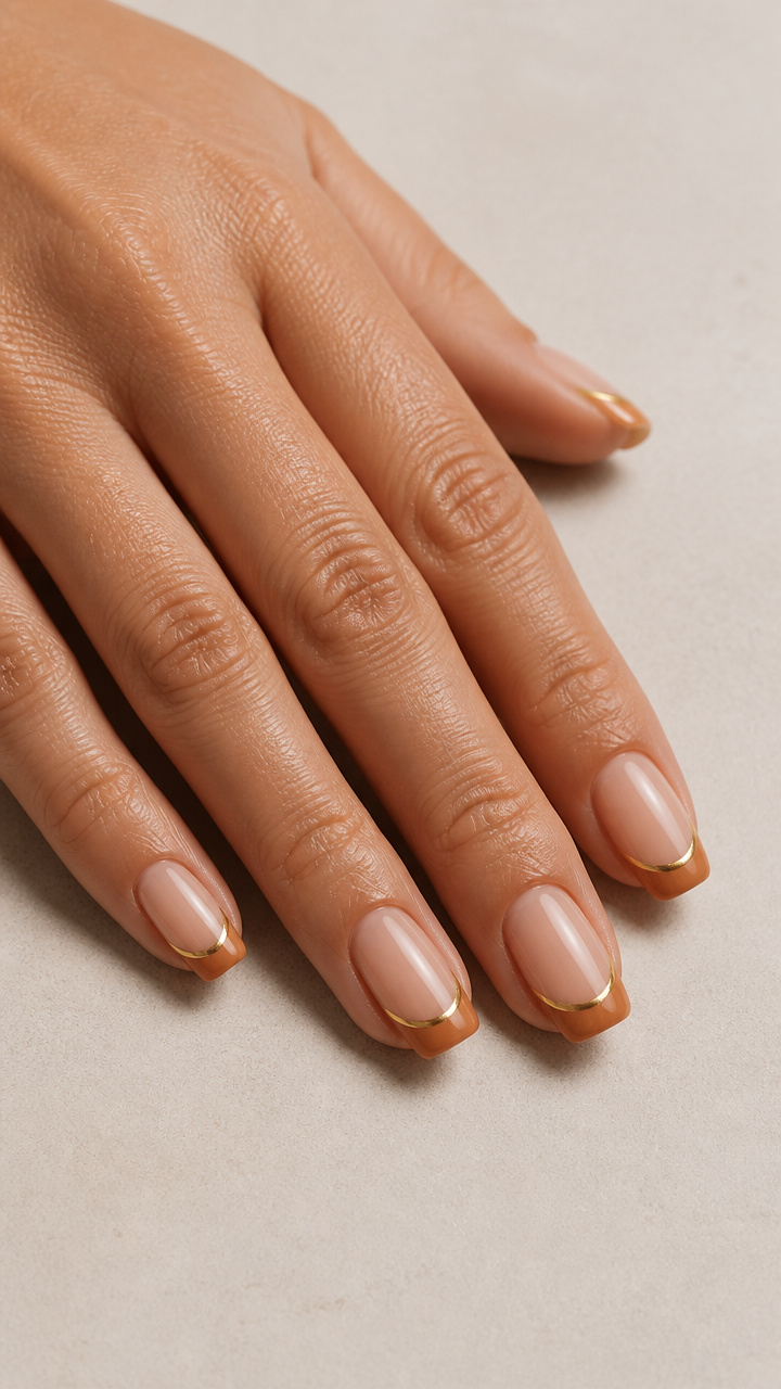 Warm Camel French Manicure with Brushed Metal Gold Line