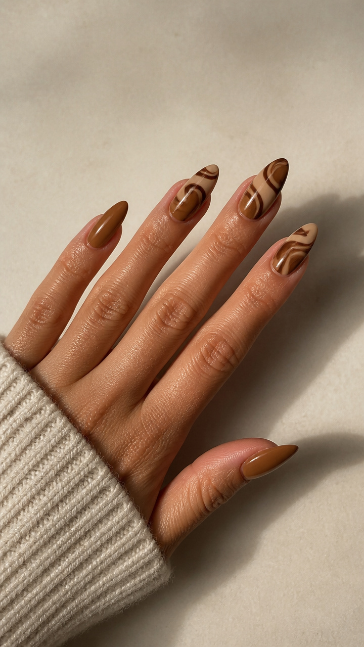 Warm Caramel Latte Almond Nails with Espresso Swirls