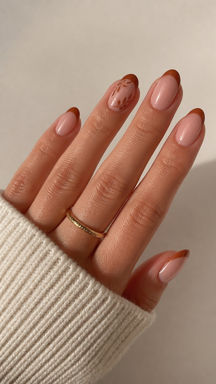 Warm Cinnamon Brown French Tips with Delicate Leaf Stencils