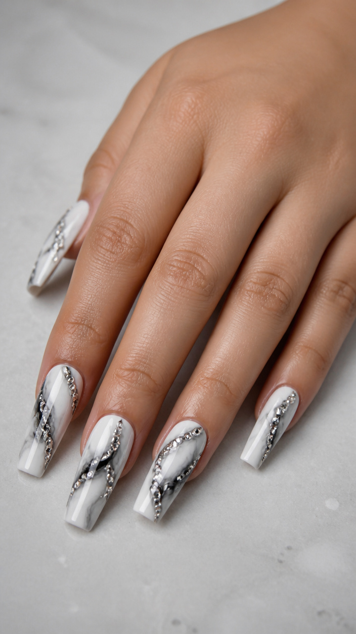 White and Black Marble Coffin Nails with Rhinestone Details