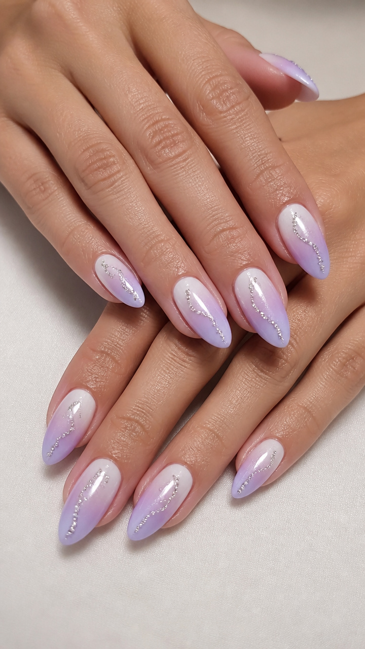 White and Lavender Ombre Almond Nails with Rhinestone Swirls
