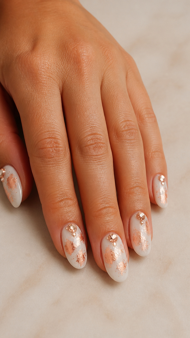 White and Rose Gold Foil Oval Nails with Rhinestone Accents