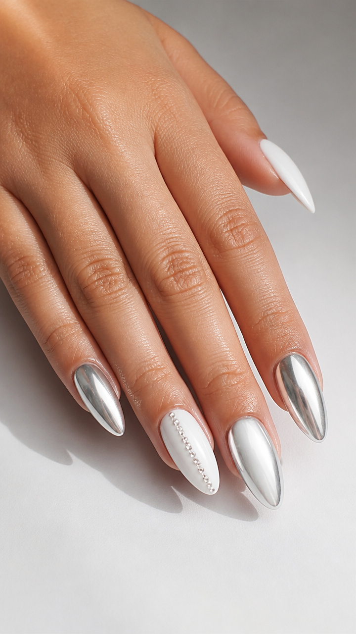 White and Silver Chrome Almond Nails with Rhinestone Lines