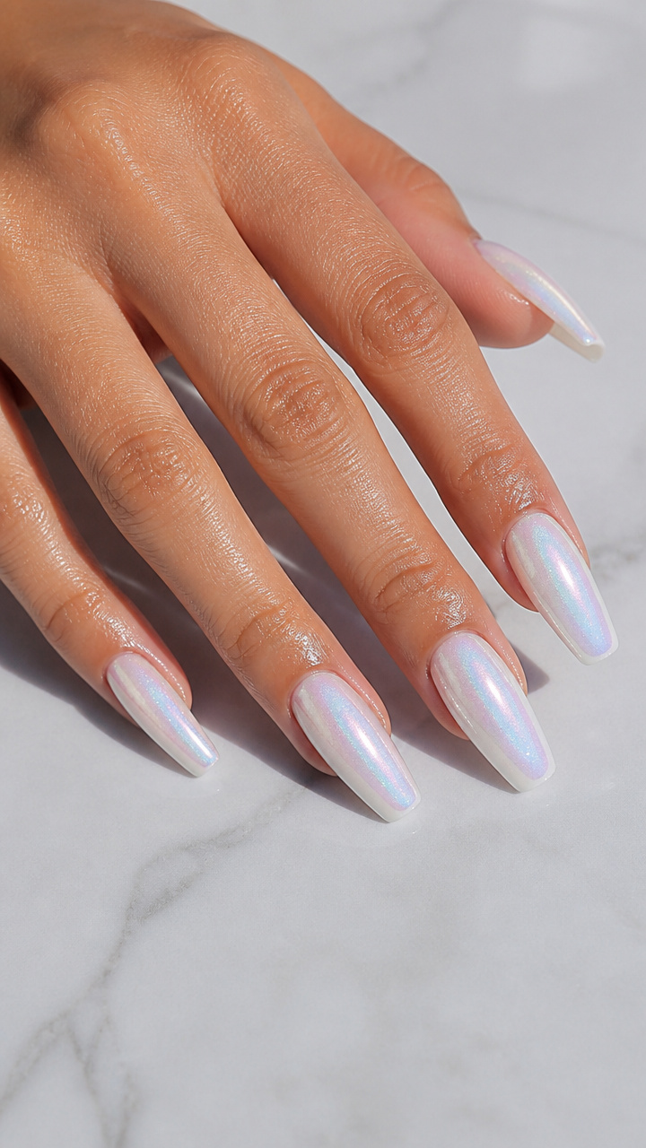 White Ballerina Nails with Iridescent Shimmer