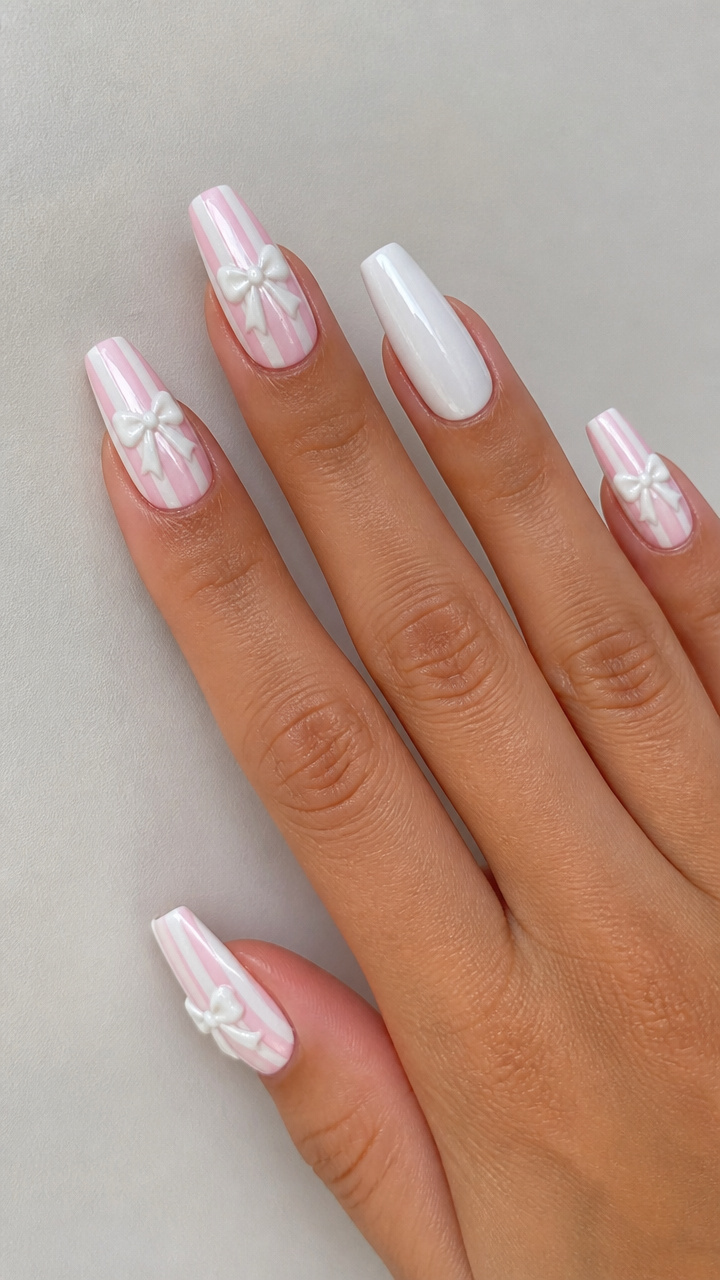 White Bow and Striped Accent on Ballerina Nails