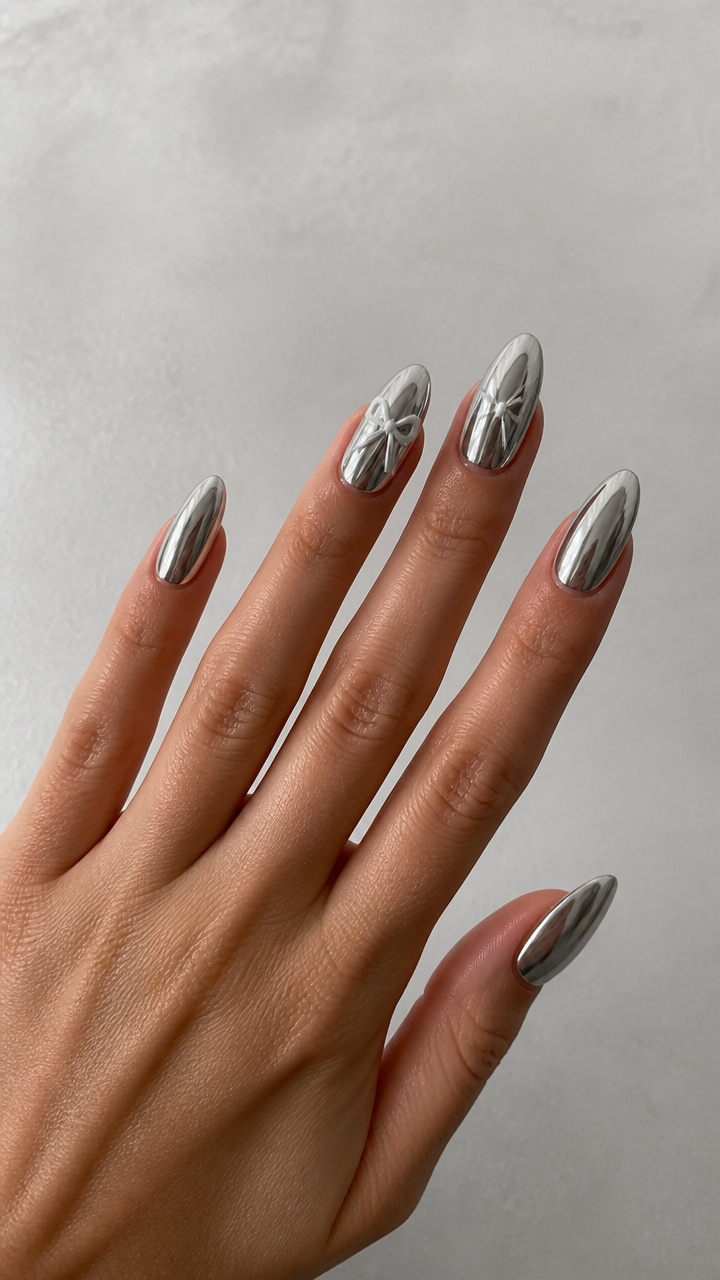 White Bow on a Chrome Silver Nail