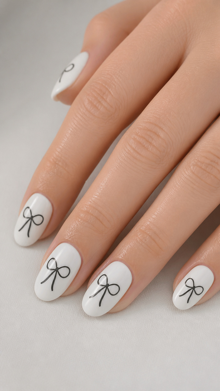 White Bow with Black Outline on Glossy White