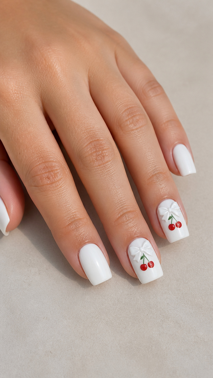 White Bow with Cherry Accents on Square Nails