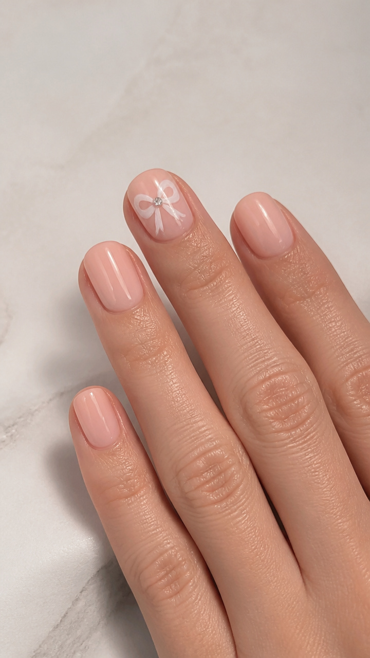 White Bow with Crystal Center on Round Nails