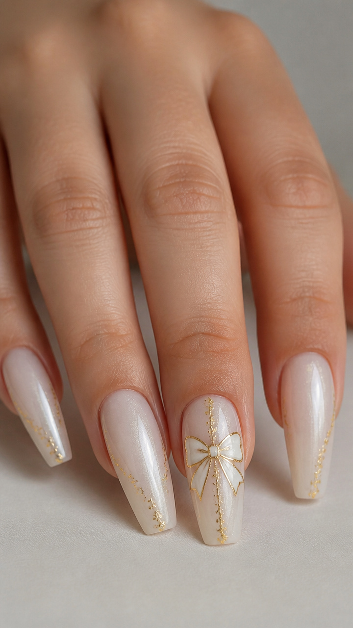 White Bow with Gold Foil Details on Coffin Nails