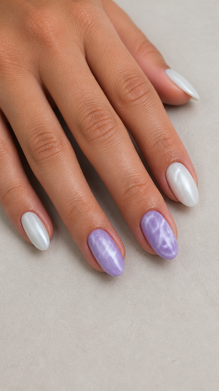 White Cat Eye with Lavender Accent Nails