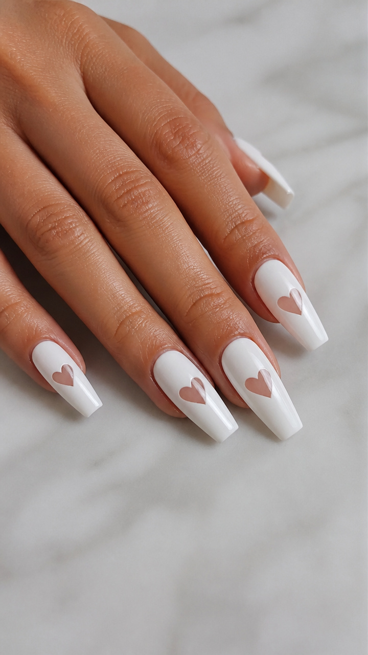 White Coffin Nails with Negative Space Hearts
