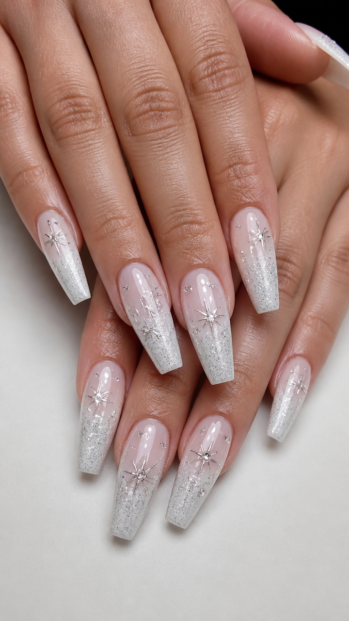 White Glitter Gradient Coffin Nails with Rhinestone Stars