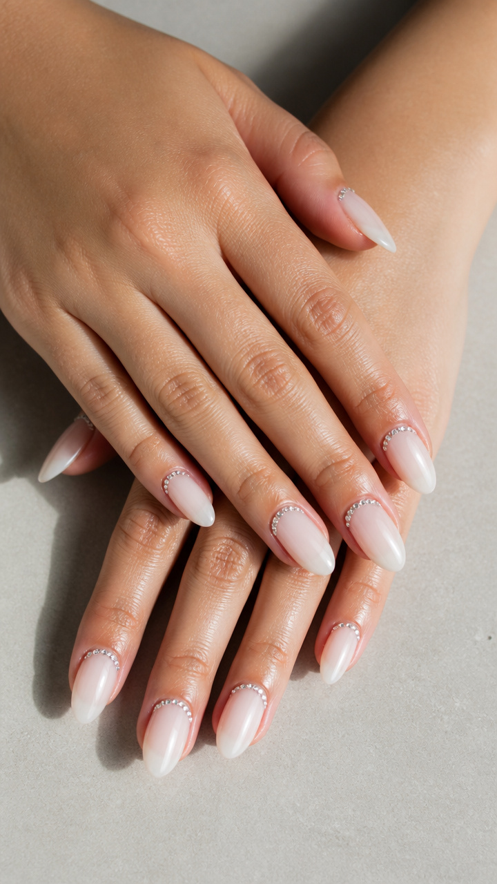White Jelly Almond Nails with Rhinestone Cuticle Rings