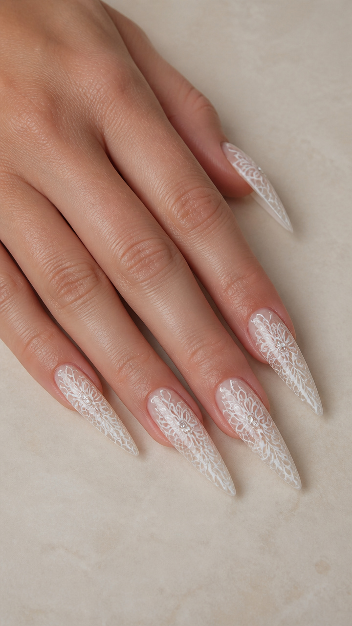 White Lace Pattern Stiletto Nails with Rhinestone Centers