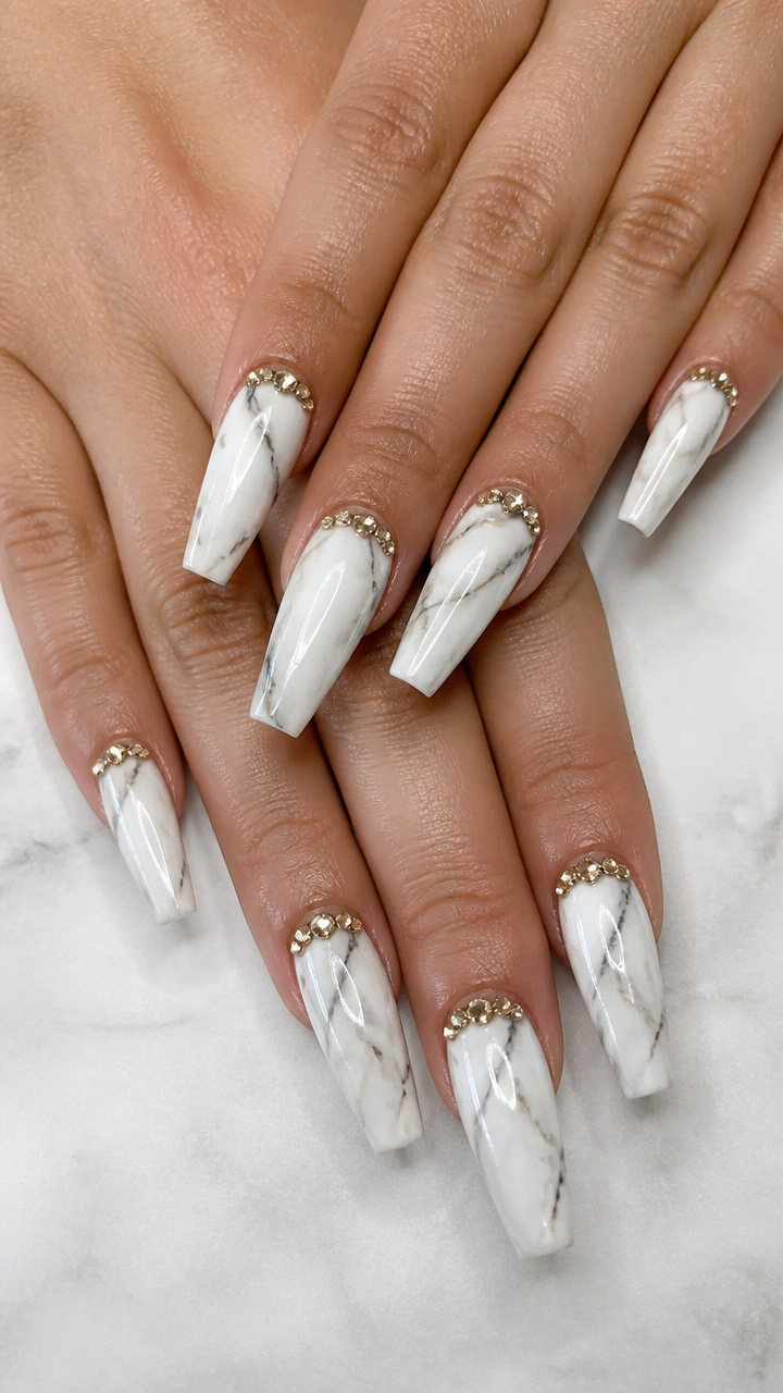 White Marble Coffin Nails with Gold Rhinestone Accents