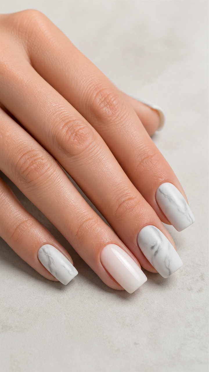 White Marble Swirl Accent Nails