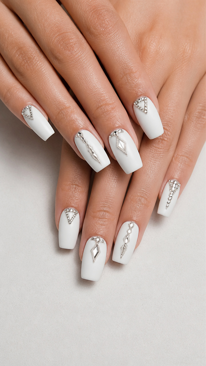 White Matte Square Nails with Rhinestone Geometric Shapes