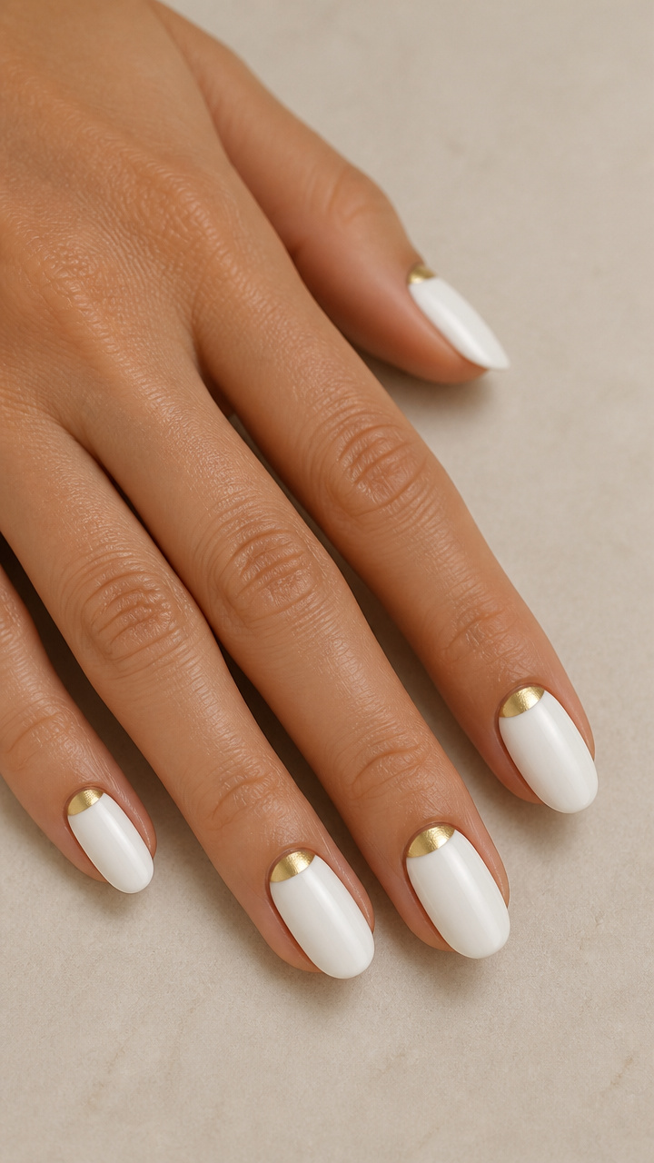 White Oval Nails with Gold Half Moons