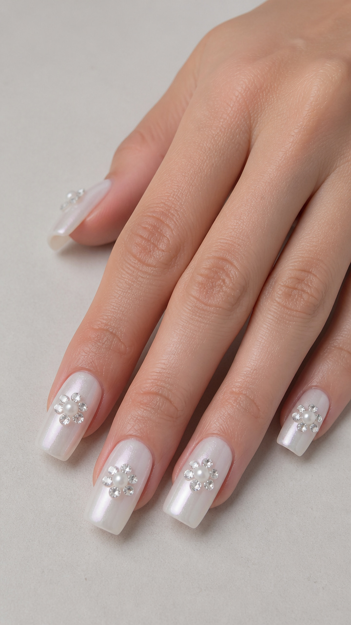 White Pearlized Square Nails with Rhinestone Flower Accents