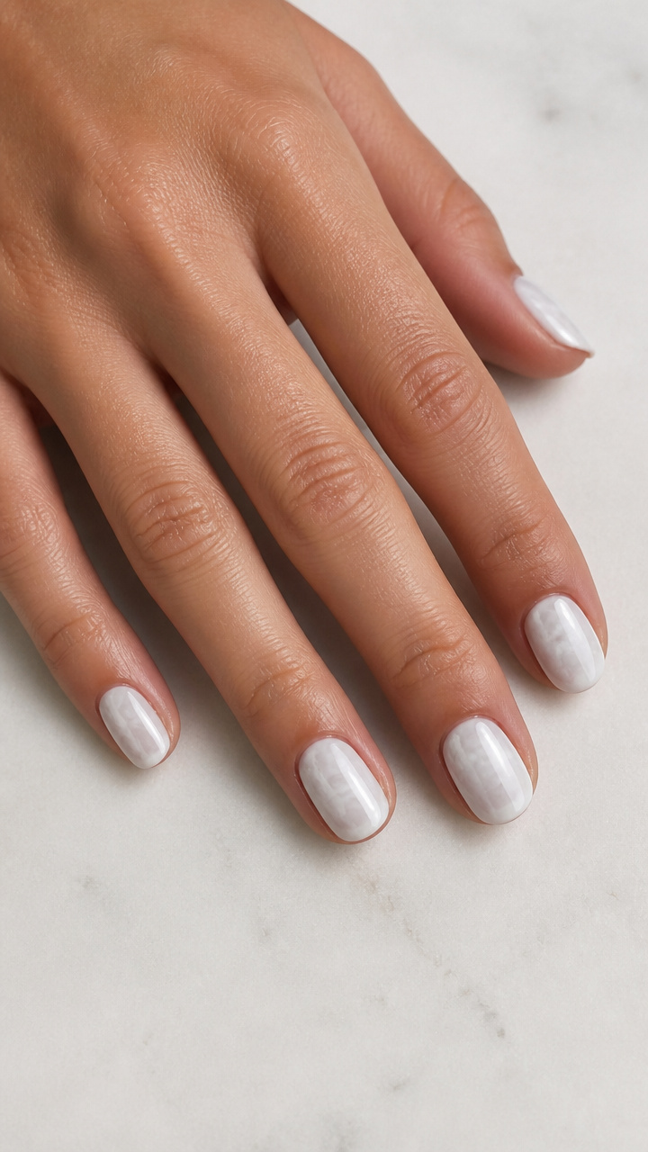 White Round Nails with Subtle Marble Swirls