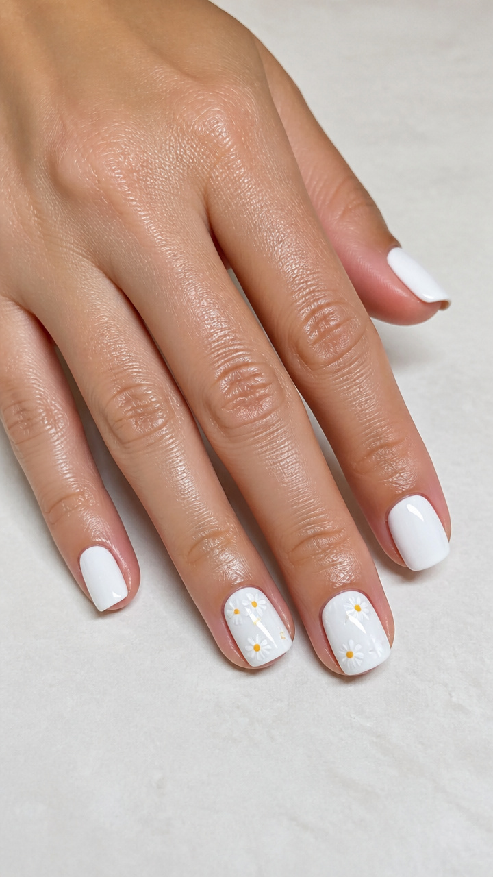 White Short Squoval Nails with Tiny Daisy Decals
