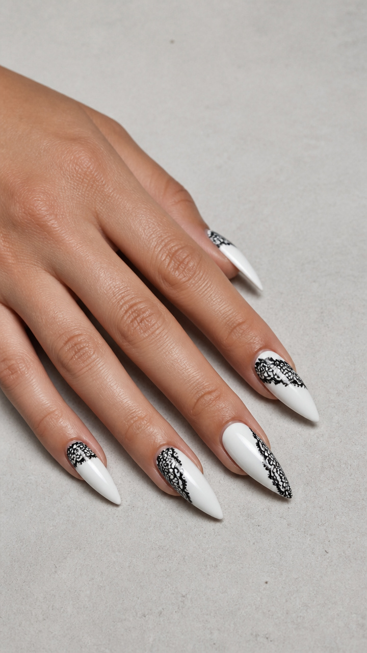 White Stiletto Nails with Black Lace Details