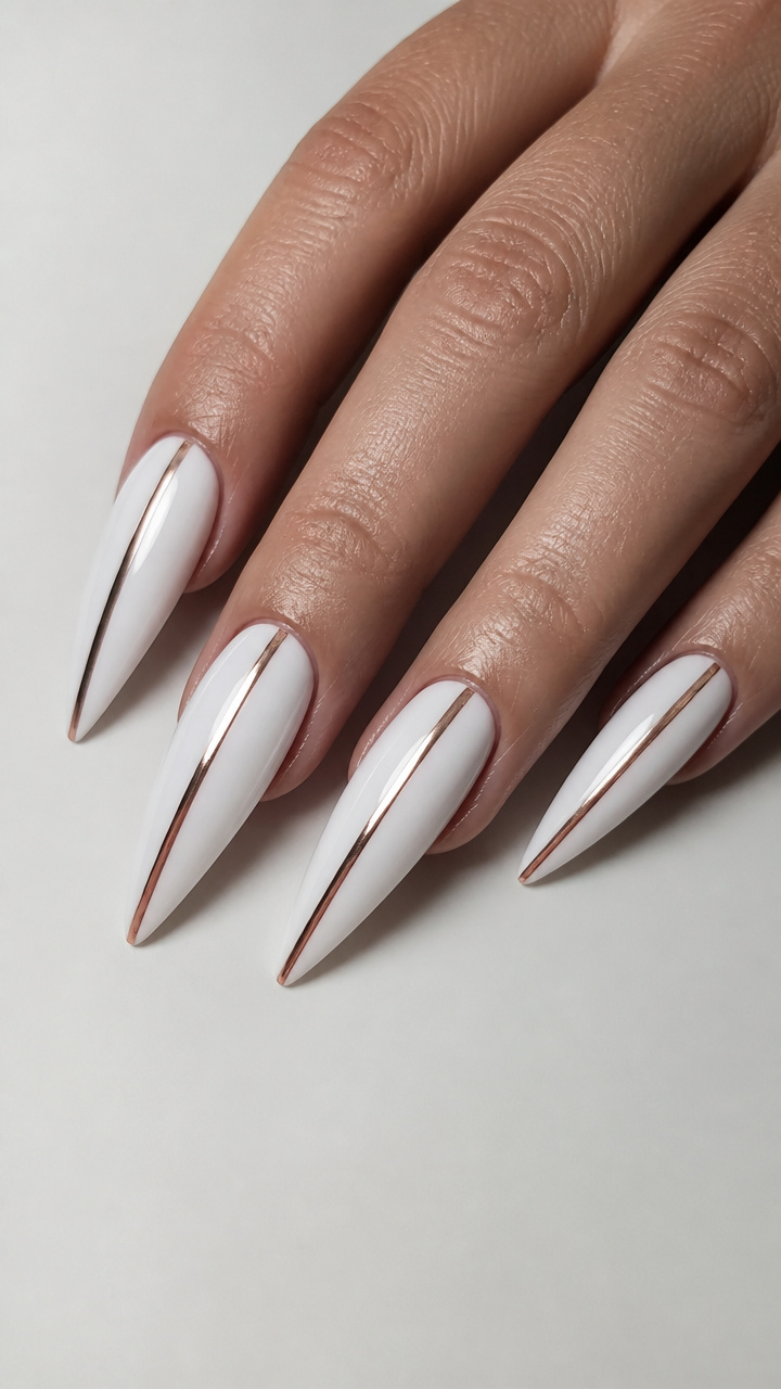 White Stiletto Nails with Chrome Accent Stripes