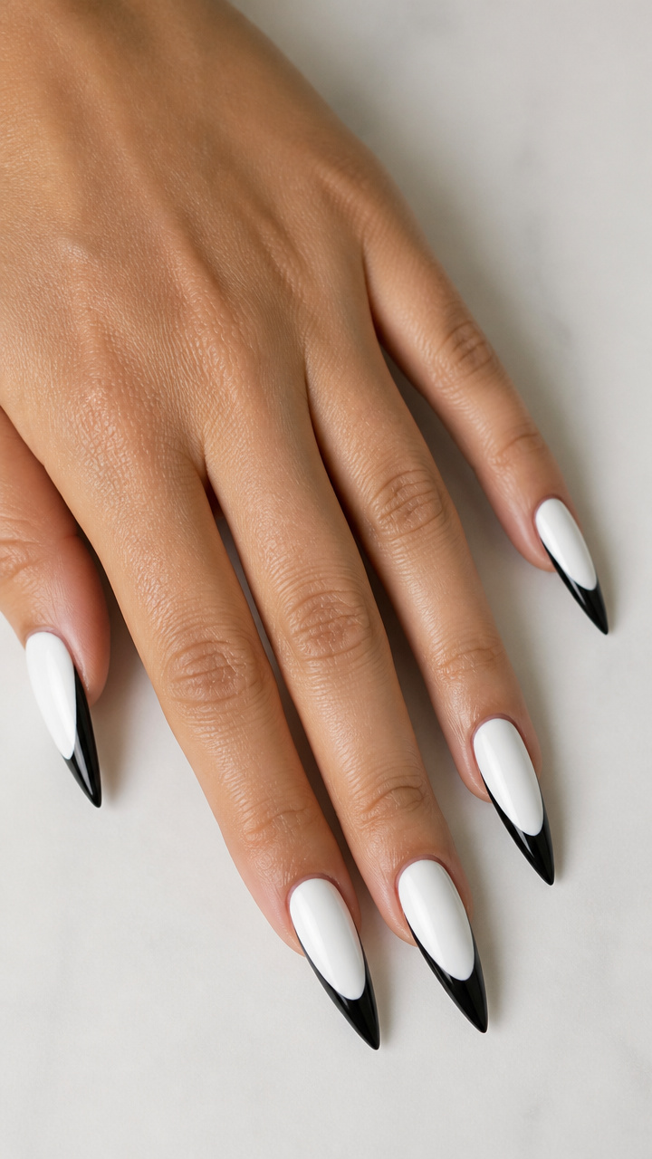 White Stiletto with Black French Tips