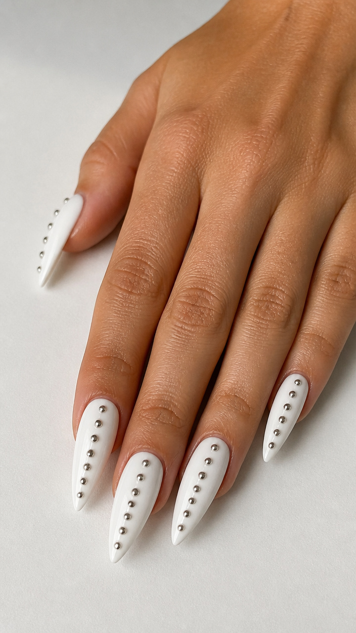 White Stiletto with Silver Studs