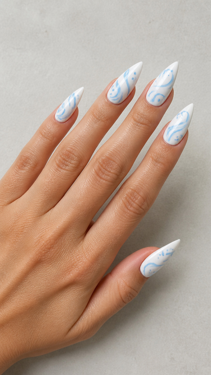 White Stiletto with Sky Blue Swirls