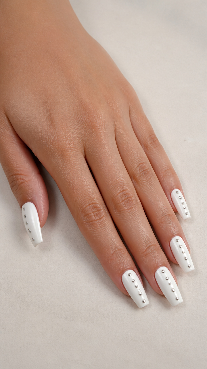 White Tapered Square Nails with Silver Studs
