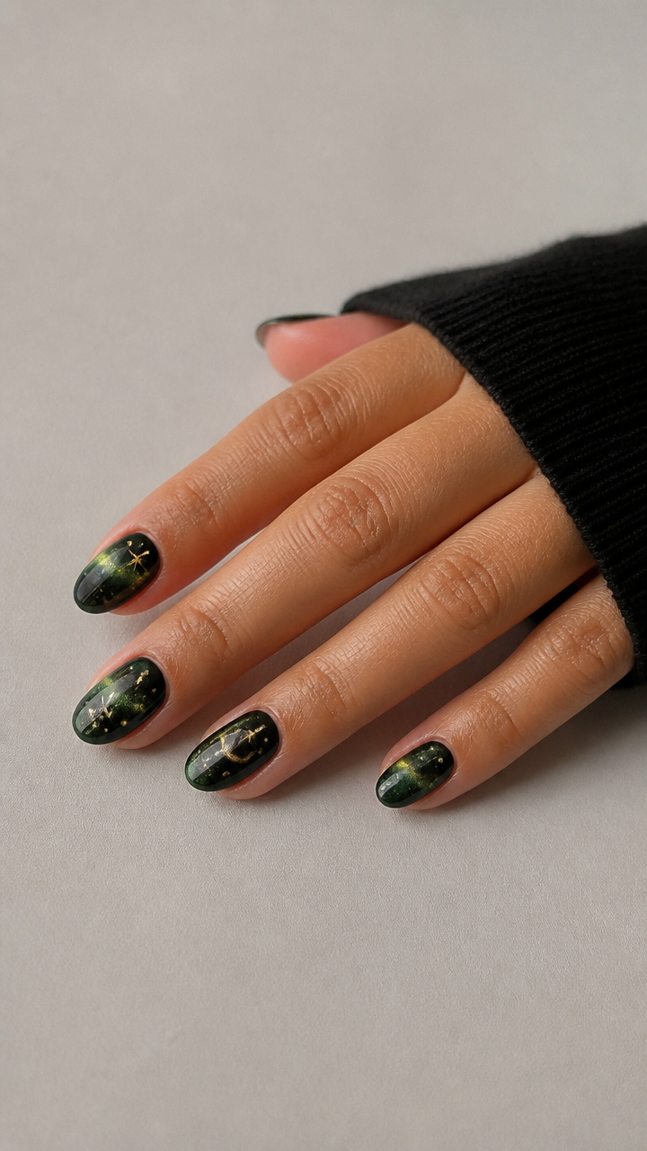 Witchy Green Cat Eyes with Starry Night Details