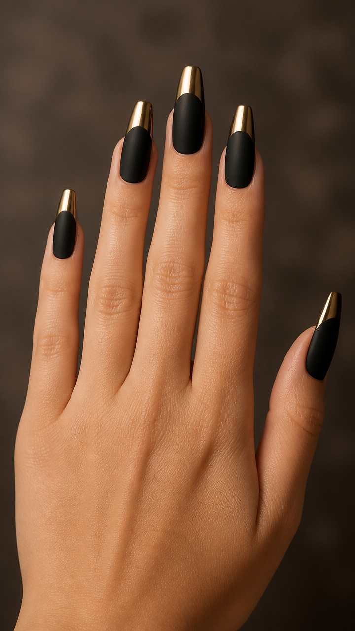 Matte Black Coffin Nails with Gold Chrome Tips
