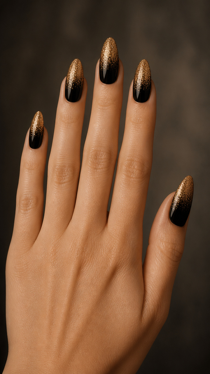 Gold Ombré Almond Nails Over Black Base