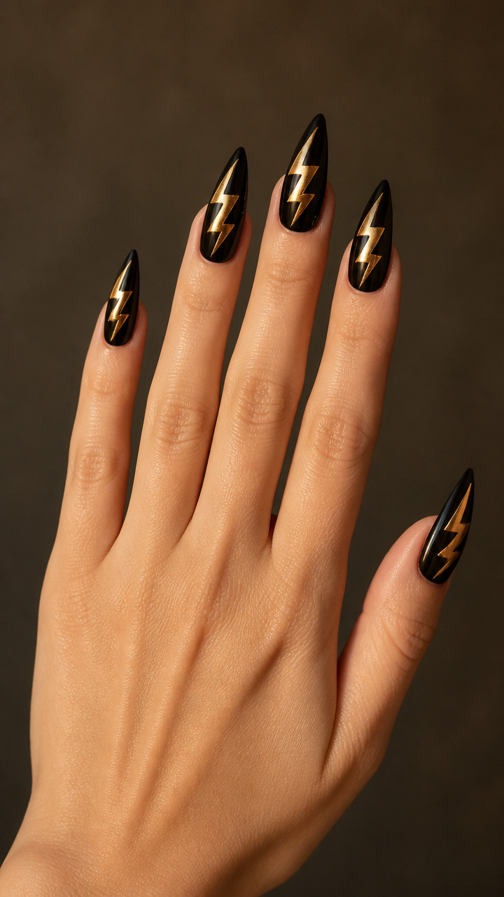 Black Stiletto Nails with Gold Lightning Bolt Accents