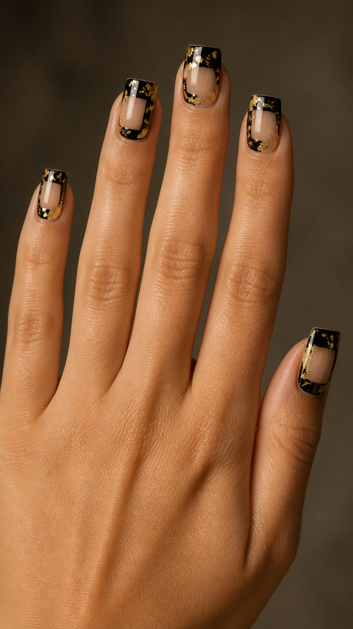 Negative Space Square Nails with Gold Foil Flecks