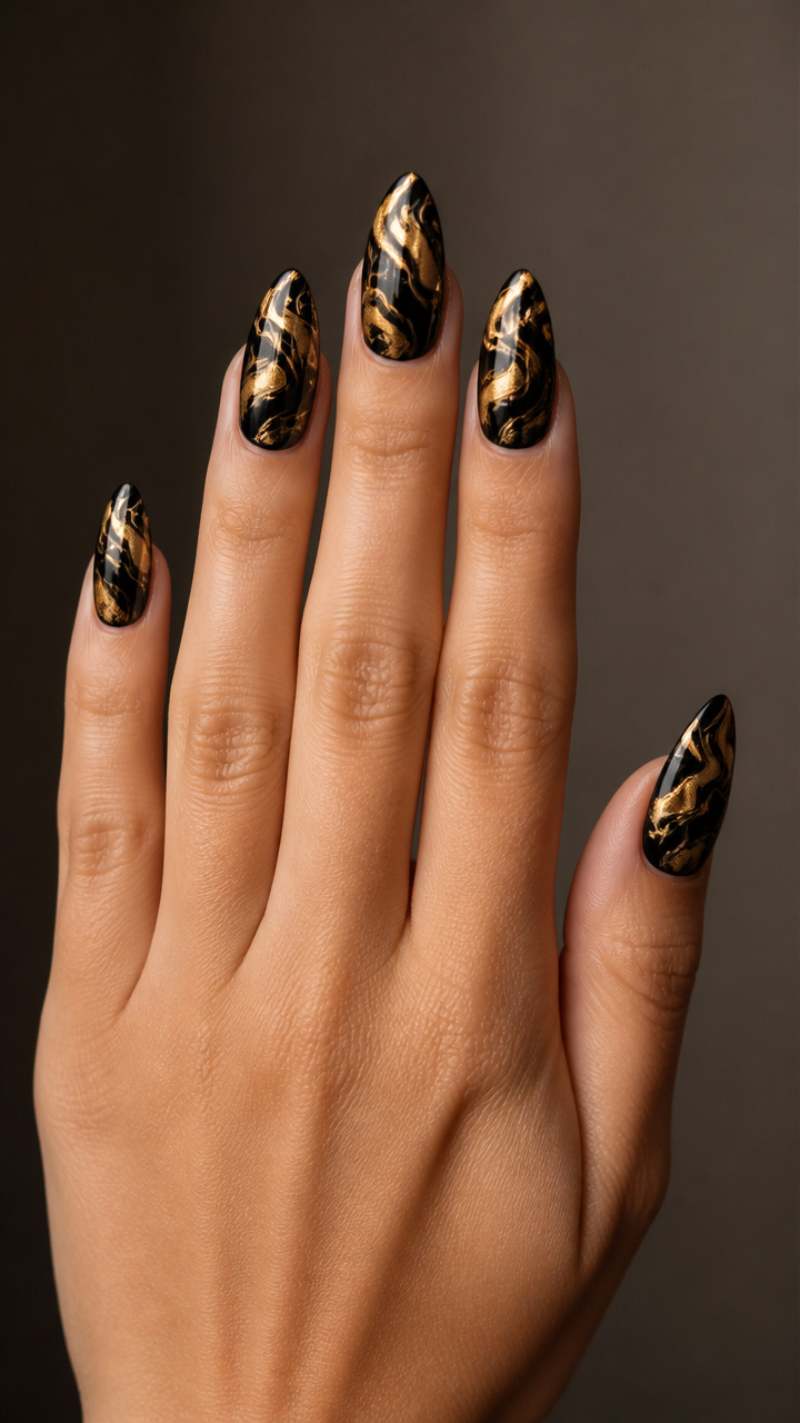 Black and Gold Marble Swirls on Almond Nails