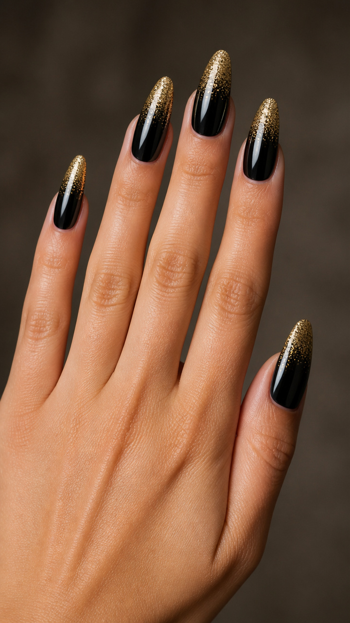 Black Chrome Nails with Gold Micro Glitter Tips