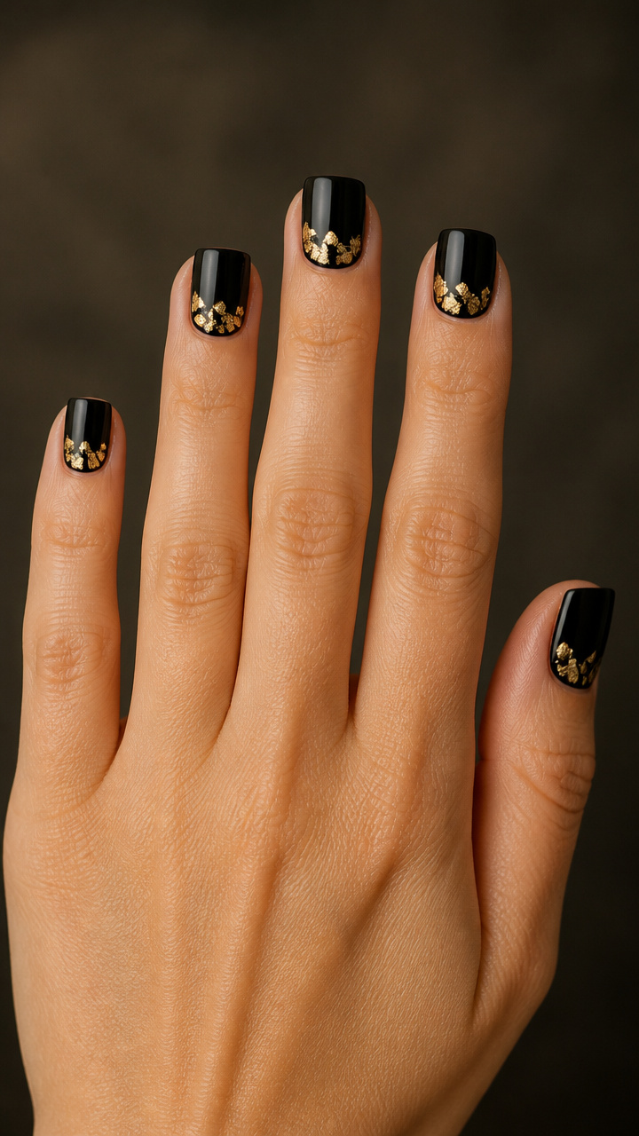 Gold Leaf Accents on Jet Black Short Square Nails