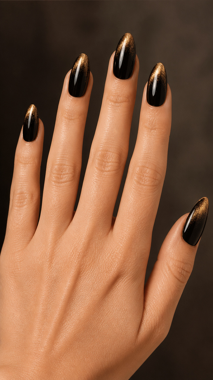 Black Cat-Eye Nails with Gold Magnetic Tips