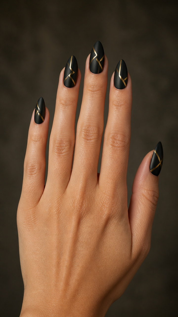 Geometric Gold Lines on Matte Black Almond Nails