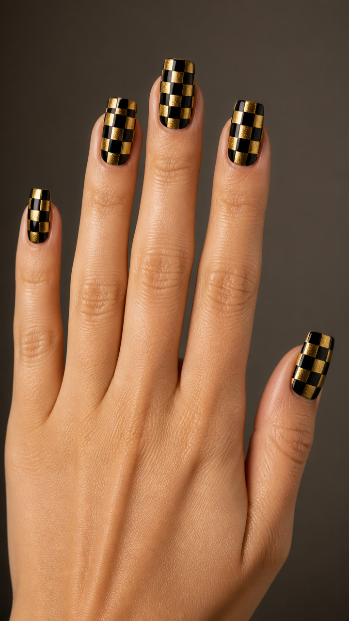 Gold Checkerboard Pattern on Black Square Nails