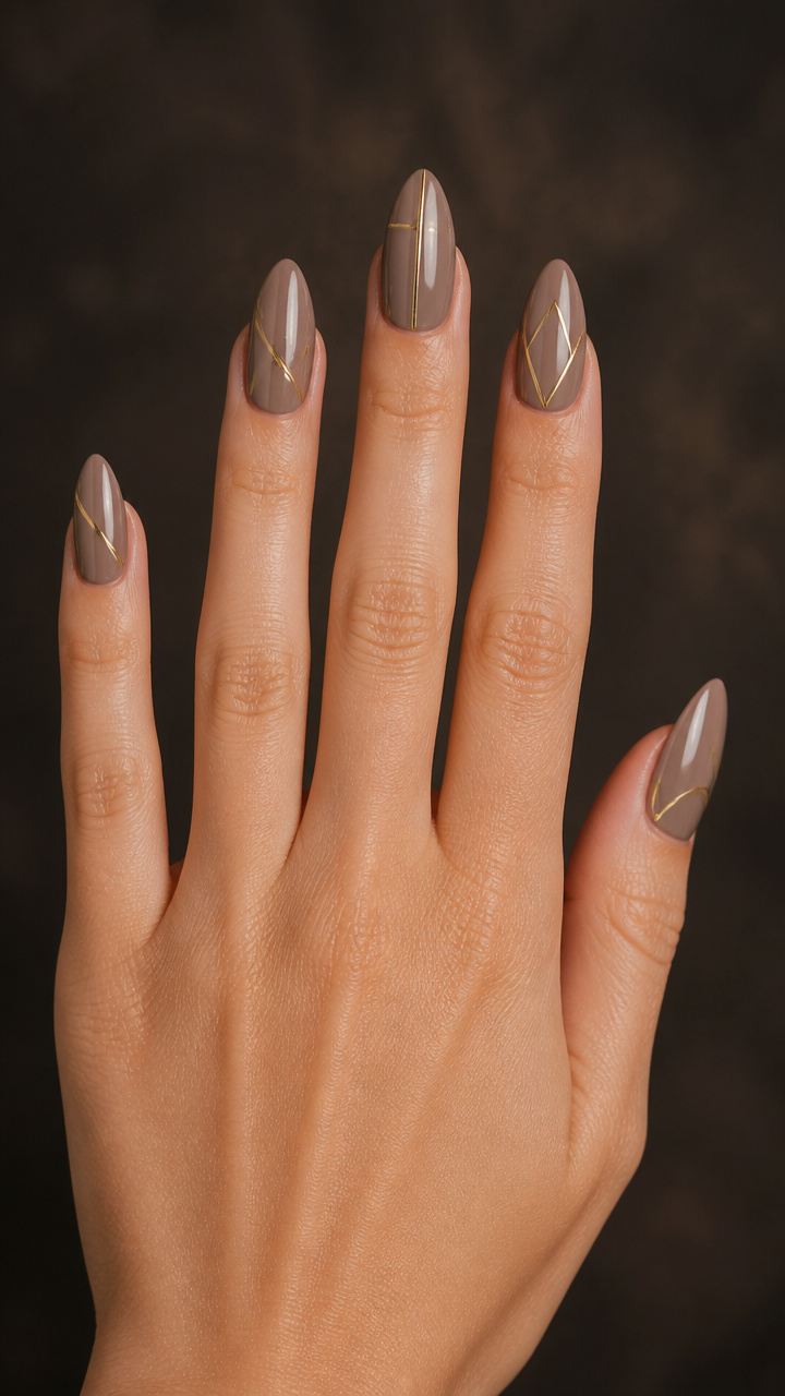 Taupe Almond Nails with Minimalist Gold Line Art