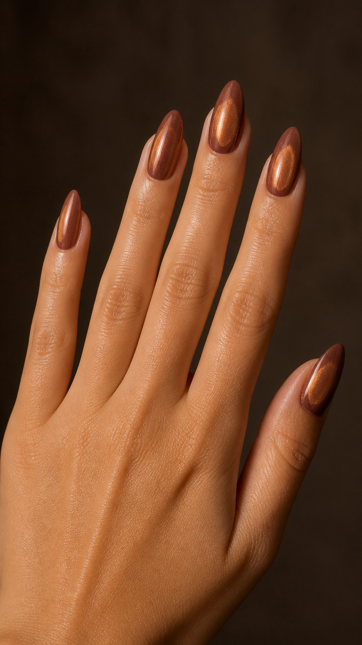Cinnamon Brown Almond Nails with Pearlescent Sheen