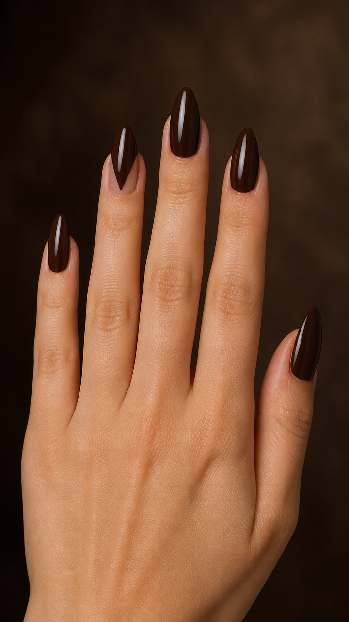 Dark Walnut Almond Nails with Deep V-Cut