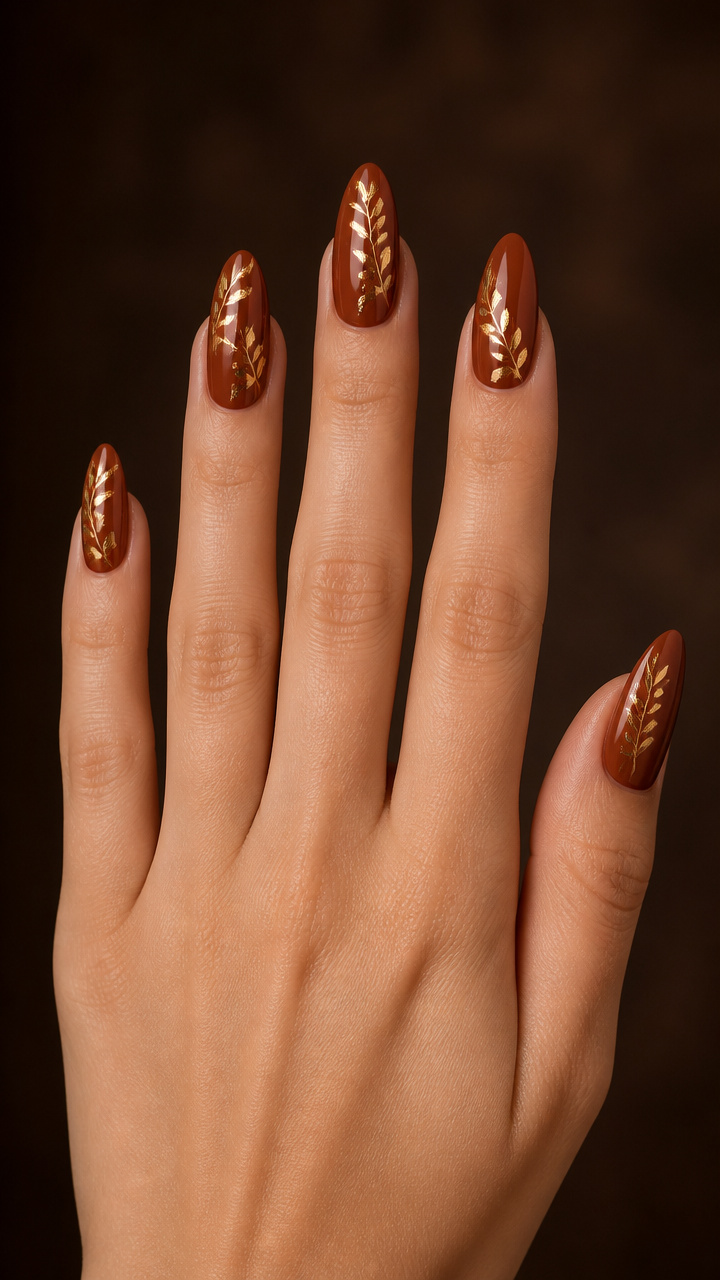 Rust Brown Almond Nails with Leaf Foil Art