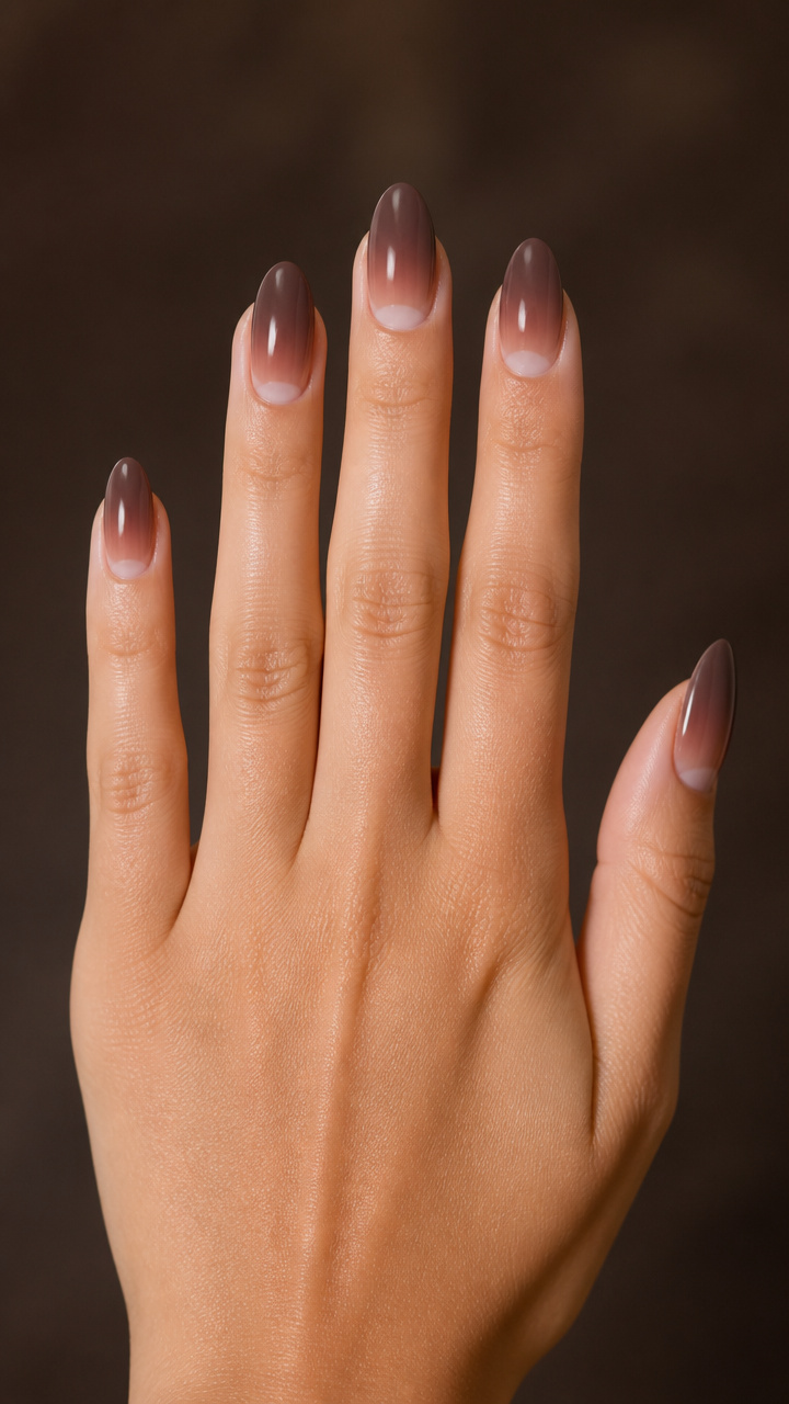 Mink Brown Almond Nails with Soft Gradient Moon
